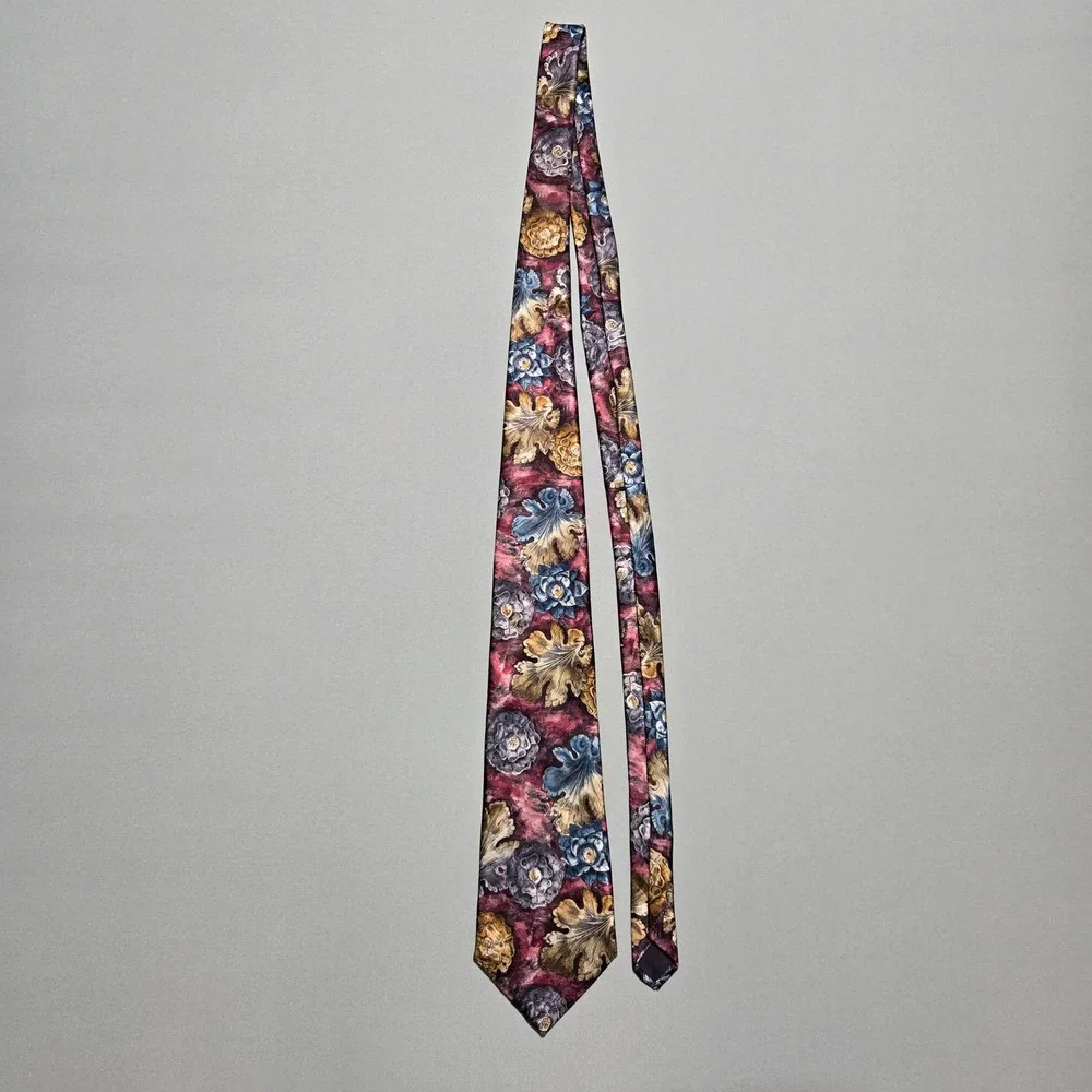 Envoy Floral Necktie Tall Floral Burgundy Gold Blue Botanical 4x63 Satin Sheen